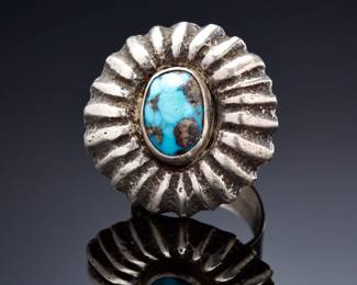 Larry Golsh (Pala Mission/Cherokee) Vintage Tufa-Cast Silver & Turquoise Ring Native American Jewelry