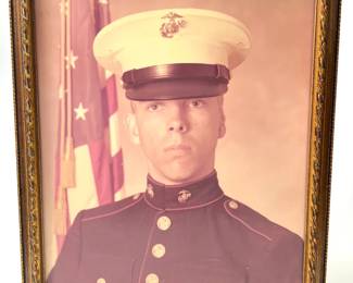 Vintage Framed Portrait of a US Marine in Iconic Dress Blue Uniform