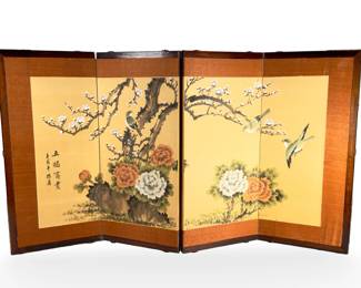 Vintage 1965 Signed Chinese 4-Panel Silk Screen Painting, Peony Plum Blossom Birds
