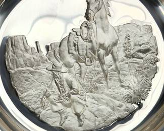 Vintage 1972 Richard Baldwin "Horizons West" Solid Sterling Silver Collector Plate, Franklin Mint, Western Art Cowboy Scene