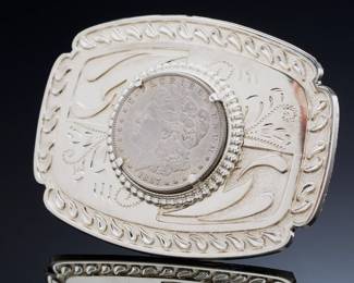 Vintage Western Belt Buckle with Genuine 1887 Morgan US Silver Dollar, 90% Silver Coin, Americana Cowboy Rodeo Style