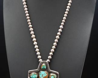 Larry Golsh (Pala Mission/Cherokee) Monumental Tufa-Cast Silver & High-Grade Turquoise Cross Necklace Native American Jewelry