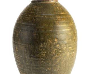 Large Mid-Century Modern Studio Pottery Lidded Vase, Mottled Ash Glaze, Unidentified Artist's Mark