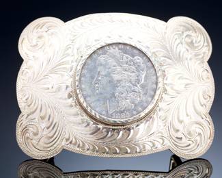 Vintage 1978 Boyd of Reno Sterling Silver Western Belt Buckle w/ 1888-O Morgan Dollar