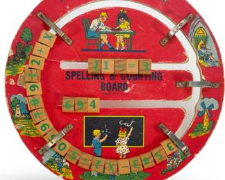 Vintage 1950s Spelling & Counting Board Toy, Mid-Century Americana, Wooden Blocks, Lithograph Graphics, USA Farmhouse Nursery Decor