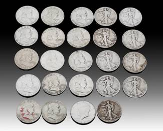 Lot of 24 US Half Dollars: 23-Coin 90% Silver Group (295g TW) feat. Walking Liberty & Franklin Halves
