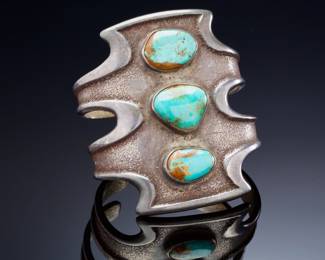 Larry Golsh Monumental Sterling Silver & Turquoise Tufa Cast Cuff Bracelet Native American Jewelry