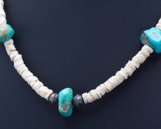 Vintage Kewa Pueblo Kingman Turquoise & Shell Heishi Necklace c. 1960s Native American Jewelry