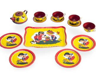 Vintage 1950s Ohio Art Tin Lithograph Toy Tea Set 14pc Boy Girl Gardening Puppy USA