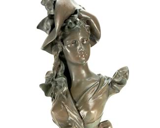 Large Antique Art Nouveau Bronzed Spelter Bust, "Belle Époque Woman," Signed Ant. Nelson (Antoine Van Den Kerckhove), c. 1900