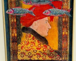 B.A. JOHNSON Signed Mixed Media Print "Brain Food" Surreal Historical Portrait Louis II d'Anjou