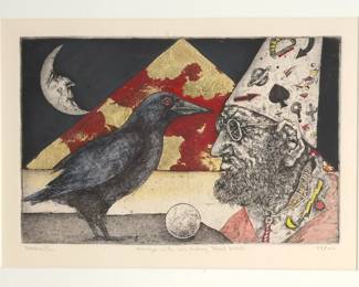 Joel Beckwith (1949-2024) "Merlyn with his talking Black Bird" Color Lithograph Framed Art , 36/100