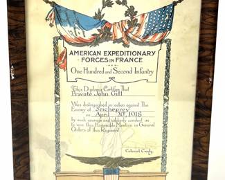 Historic 1918 WWI Certificate for Heroism at Battle of Seicheprey - Pvt. John Gill, 102nd "Yankee" Infantry A.E.F.