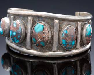 Vintage Navajo Mid-Century Five Stone Cuff Bracelet High Grade Blue Diamond Turquoise Native American Jewelry