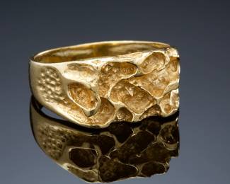 Vintage 1970s Style 14k Yellow Gold Nugget Ring, Retro Gold Rush Statement Band, Size 8