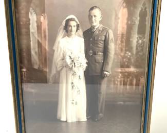 Vintage WWII Era US Army Staff Sergeant Wedding Portrait Photograph in Period Frame