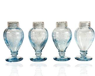 Lot of 4 Vintage Fostoria JUNE Azure Blue Etched Glass Salt & Pepper Shakers Art Deco