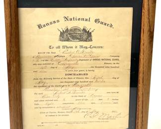 Framed 1912 Honorable Discharge Certificate, Musician Robert A. Franks, 1st Infantry Regiment, Kansas National Guard