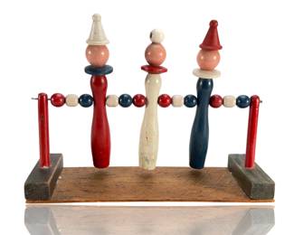 Vintage German Erzgebirge Folk Art Wood Tumbling Acrobat Toy, Three Clown Figures, c. 1950