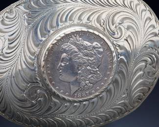 Vintage 1973 Boyd of Reno Nevada Sterling Silver Hand Engraved Western Belt Buckle with 1887 Morgan Dollar