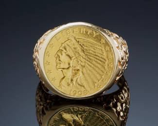Vintage 1908 US $2.5 Indian Head Gold Coin 14k Gold Men's Nugget Ring Sz 10.5