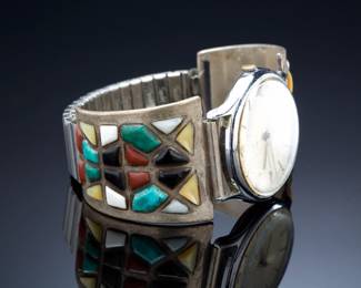 Vintage Zuni-Style Channel Inlay Watch, Multi-Stone Sterling Silver Tips, Turquoise Coral Onyx, 1970s Timex Q Quartz