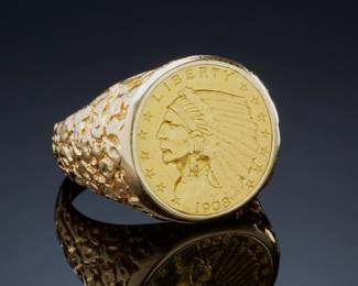 Vintage 1908 US $2.5 Indian Head Gold Coin 14k Gold Men's Nugget Ring Sz 10.5