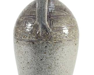 Vintage Mid-Century Studio Art Pottery Stoneware Jug, Hand-Thrown with Incised Geometric Pattern & Speckled Glaze