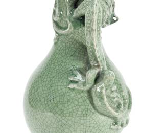Large Chinese Celadon-Glaze Ge-Type Crackle Vase with Dragon Handles
