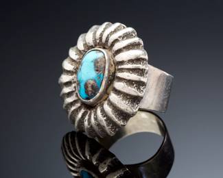 Larry Golsh (Pala Mission/Cherokee) Vintage Tufa-Cast Silver & Turquoise Ring Native American Jewelry