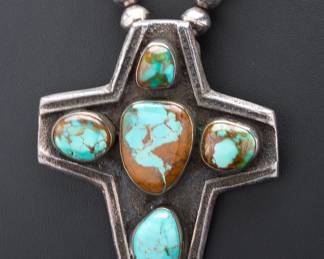 Larry Golsh (Pala Mission/Cherokee) Monumental Tufa-Cast Silver & High-Grade Turquoise Cross Necklace Native American Jewelry
