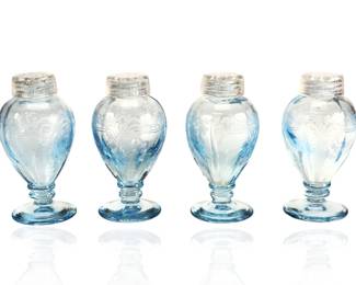 Lot of 4 Vintage Fostoria JUNE Azure Blue Etched Glass Salt & Pepper Shakers Art Deco