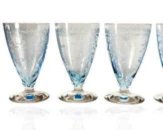 Set of 6 Vintage Fostoria "June" Azure Blue Etched Elegant Glass Parfait Glasses, c. 1930s