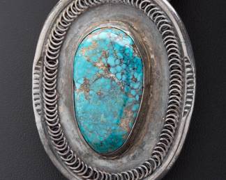 Vintage 1960s Navajo Sterling Silver & High-Grade Turquoise Bolo Tie, Bennett C-31 Clasp, Classic Mid-Century Native American Art