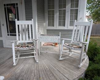 Vintage Porch Rocking Chairs and Wicker Planter Box