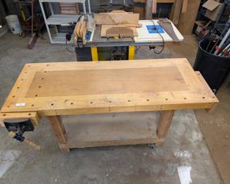Wooden Workshop Bench on Casters with Vise