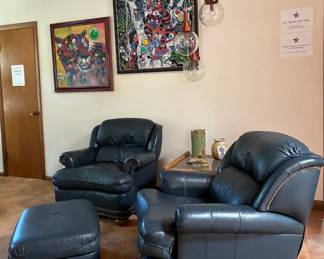 Vintage Hancock blue leather chair and ottoman; Vintage Hancock blue leather chair; MCM rattan glass accent table