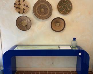 MCM cobalt blue lucite waterfall console table with mirrored top 