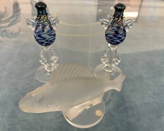 Lalique frosted fish, hand blown salt and pepper