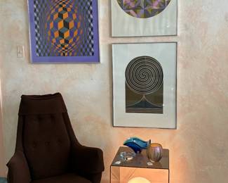 MCM accent chair, MCM lucite cube glass globe lamp