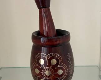 Vintage mortal and pestle olive wood, silver inlay