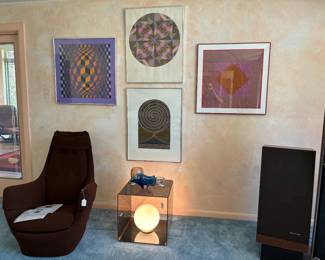 MCM accent chair, MCM lucite cube glass globe lamp