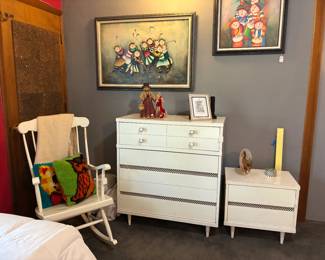 Vintage white rocking chair, dresser, nightstand
