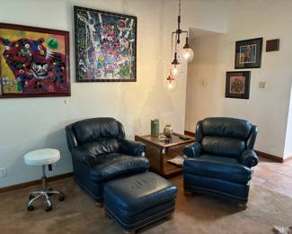 Vintage Hancock blue leather chair and ottoman; Vintage Hancock blue leather chair; MCM rattan glass accent table