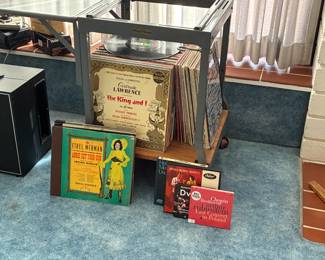 Vintage LPs, 78s shellac discs, Tiffany typewriter stand