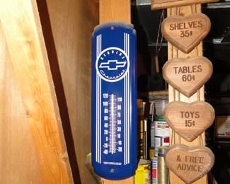 Chevrolet thermometer, and a very nice handmade Grandpa pricing wall art