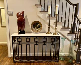 Contemporary iron and travertine console table
60” wide, 15” deep, 36” tall
