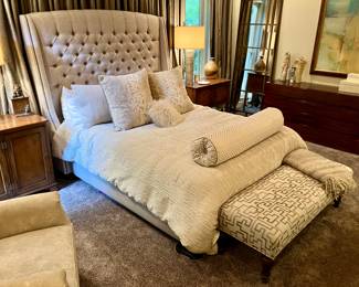 Restoration Hardware queen tufted bed with organic cotton Saatva mattress, Bole and Branch sheets, West Elm and Pottery Barn bedding.
Headboard is 67” tall