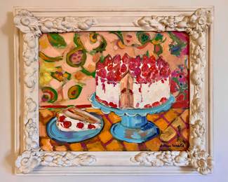 Arthur Weeks "Strawberry Torte" oil on canvas painting with custom gesso frame made by Weeks, acquired from the artists personal collection after his passing.
26” x 22”