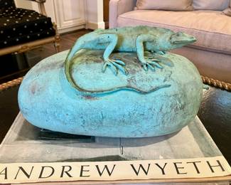Frank Fleming bronze lizard on a watermelon sculpture
17” long, 9” tall